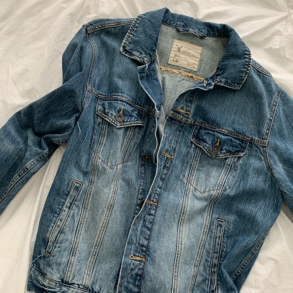 Distressed denim jacket.